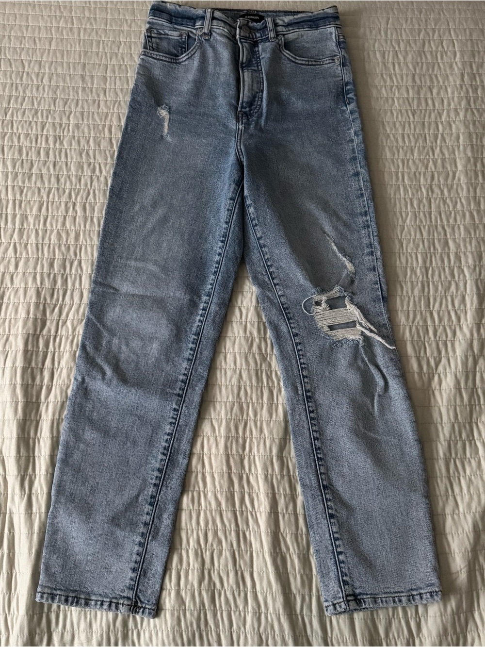 Express Light Blue Straight Leg Distressed Jeans